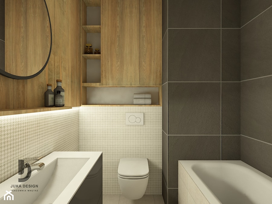mała łazienka w stylu loft z zabudową drewnopodobną - zdjęcie od JUKA design Pracownia Wnętrz
