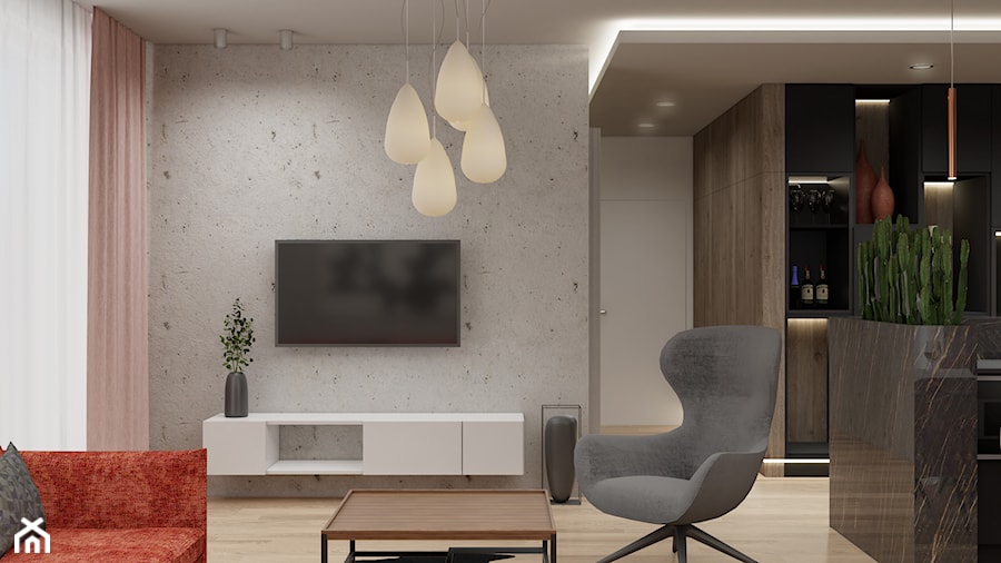 salon z betonową ścianą - zdjęcie od JUKA design Pracownia Wnętrz