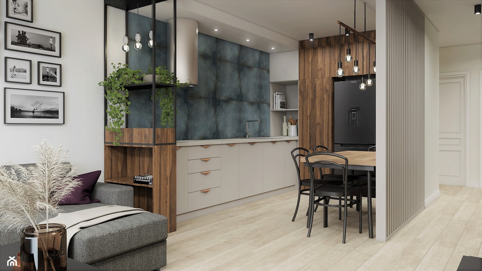salon z jadalnią i aneksem kuchennym w stylu loftowo-skandynawskim - zdjęcie od JUKA design Pracownia Wnętrz - Homebook