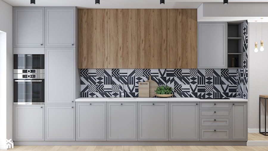 szara kuchnia z elementami drewna w stylu modern classic (nowoczesnej klasyki) - zdjęcie od JUKA design Pracownia Wnętrz