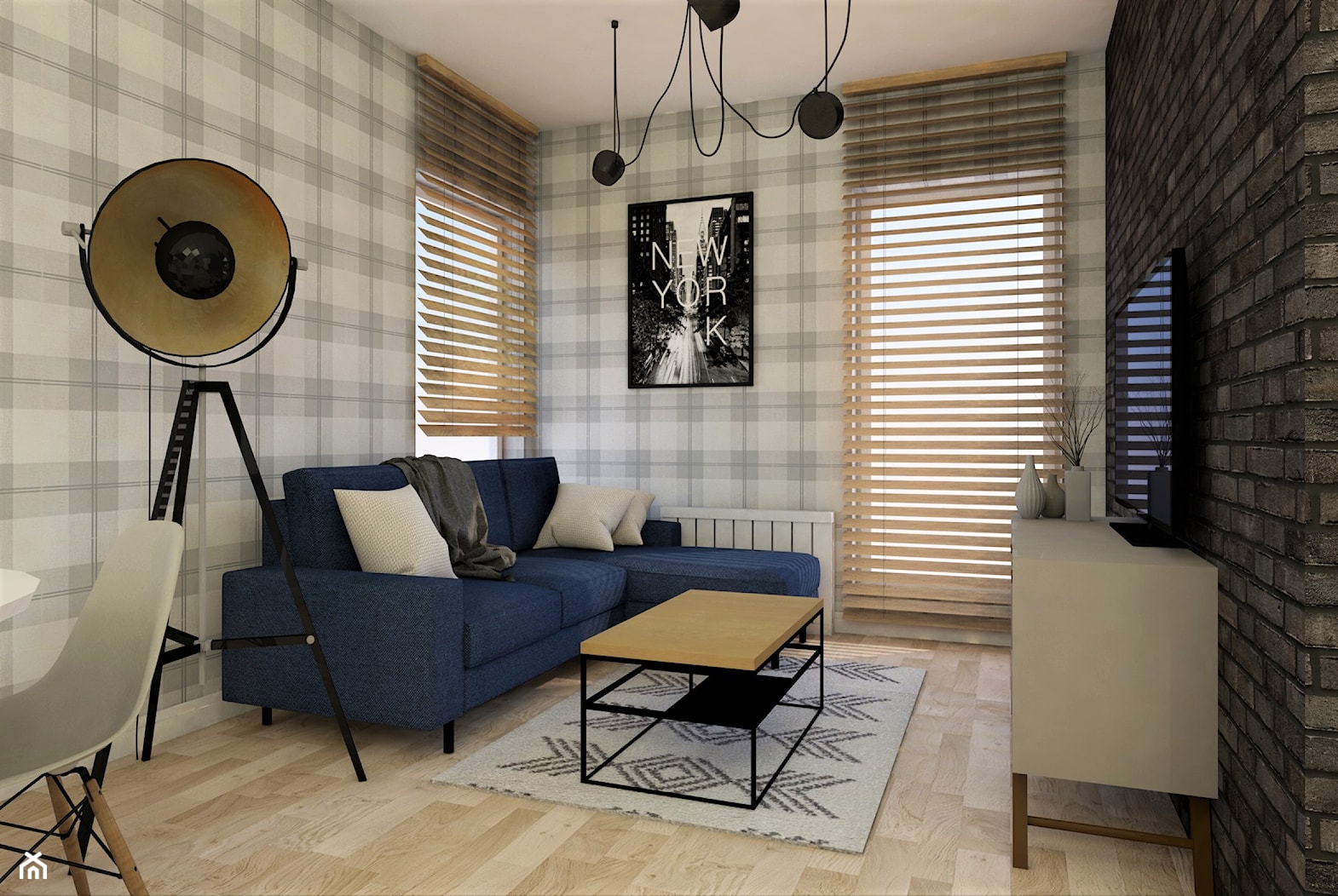 salon z narożnikiem, tapetą i czarną cegłą - zdjęcie od JUKA design Pracownia Wnętrz - Homebook