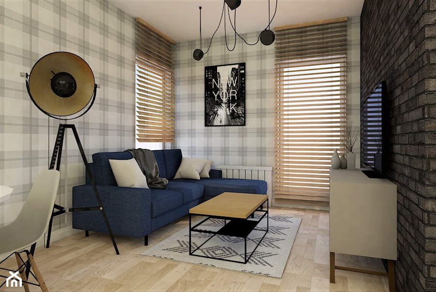 salon z narożnikiem, tapetą i czarną cegłą - zdjęcie od JUKA design Pracownia Wnętrz