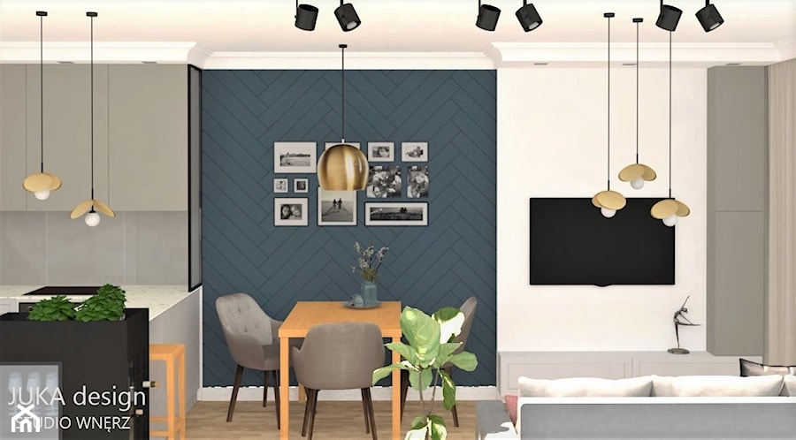 średni salon z jadalnią i ścianką TV - zdjęcie od JUKA design Pracownia Wnętrz