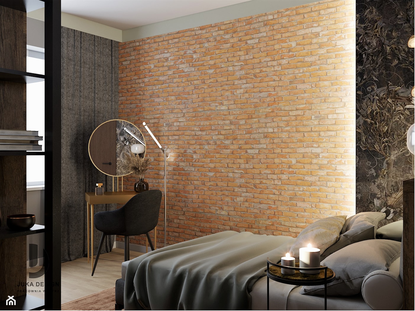 klimatyczna sypialnia z dużą szafą, cegłą i tapetą - zdjęcie od JUKA design Pracownia Wnętrz - Homebook