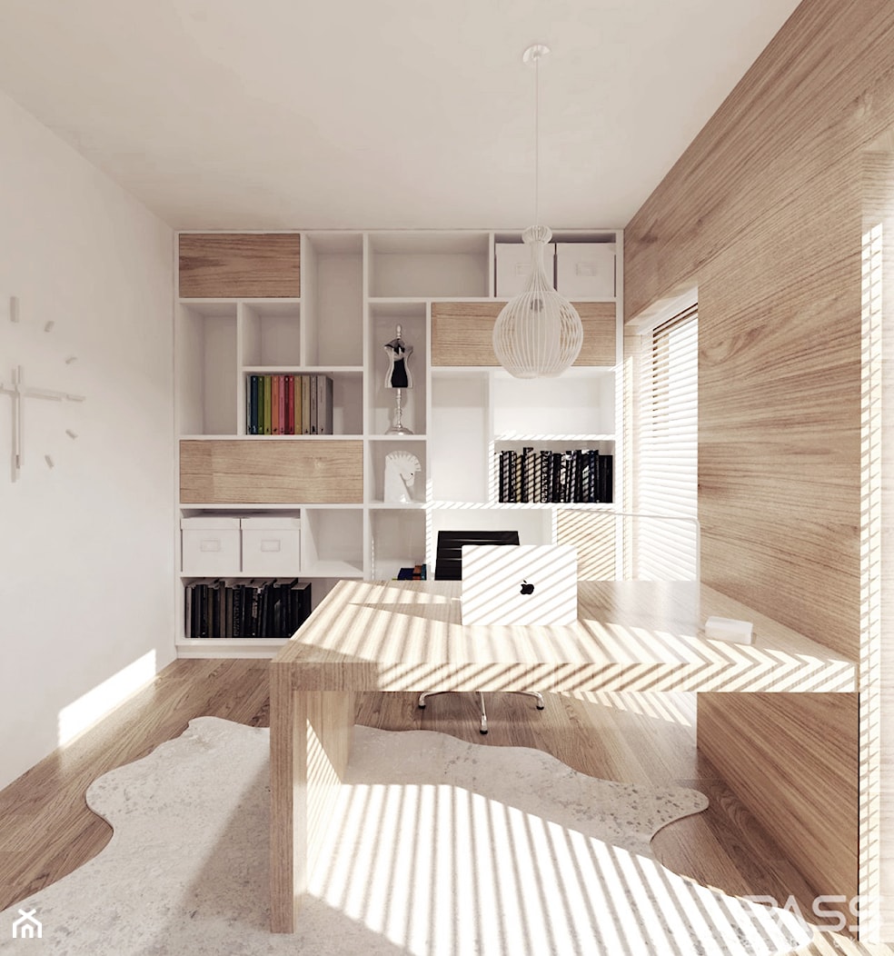 Projekt 6 - Średnie z zabudowanym biurkiem beżowe biuro, styl skandynawski - zdjęcie od PASS Architekci - Homebook