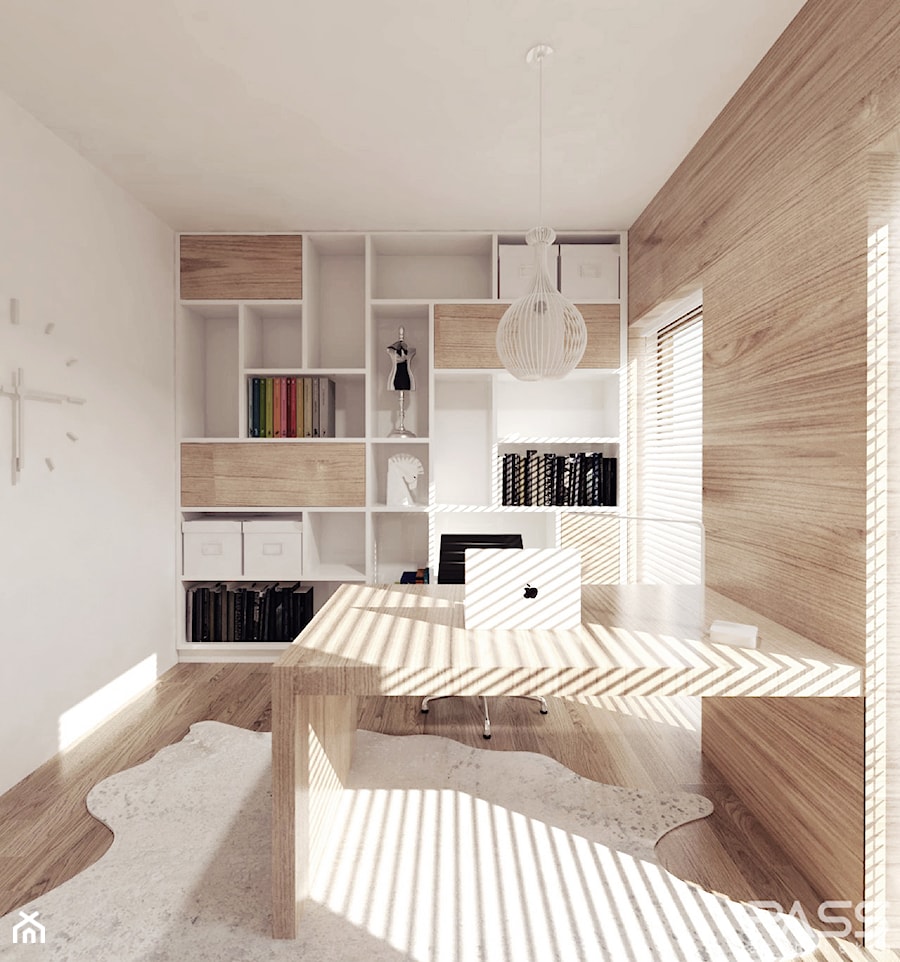 Projekt 6 - Średnie z zabudowanym biurkiem beżowe biuro, styl skandynawski - zdjęcie od PASS Architekci