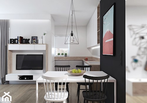Projekt 5 - Średnia biała czarna jadalnia w salonie, styl nowoczesny - zdjęcie od PASS Architekci