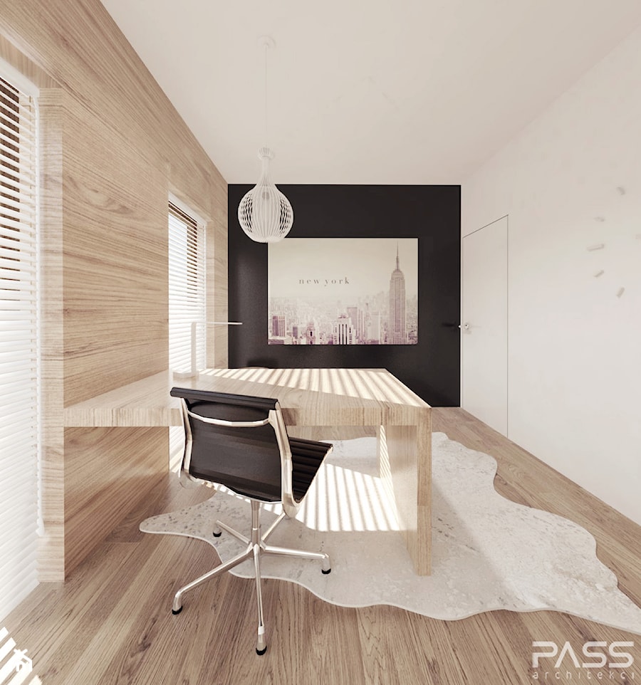 Projekt 6 - Średnie w osobnym pomieszczeniu z zabudowanym biurkiem białe biuro, styl skandynawski - zdjęcie od PASS Architekci