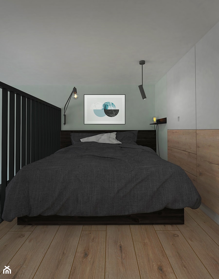 Mieszkanie nowoczesnej singielki - Mała biała czarna sypialnia na antresoli, styl minimalistyczny - zdjęcie od BS Studio Projektowe