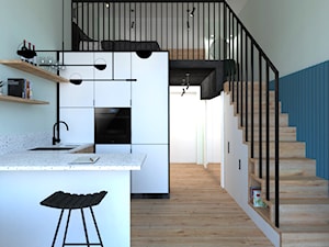 Mieszkanie nowoczesnej singielki - Średnia otwarta szara z zabudowaną lodówką z podblatowym zlewozmywakiem kuchnia w kształcie litery u z marmurem nad blatem kuchennym, styl minimalistyczny - zdjęcie od BS Studio Projektowe