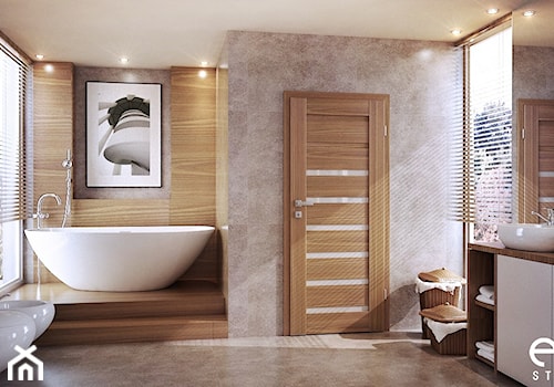 Różne wnętrza - Średnia na poddaszu z dwoma umywalkami z marmurową podłogą łazienka z oknem, styl nowoczesny - zdjęcie od EPI Studio