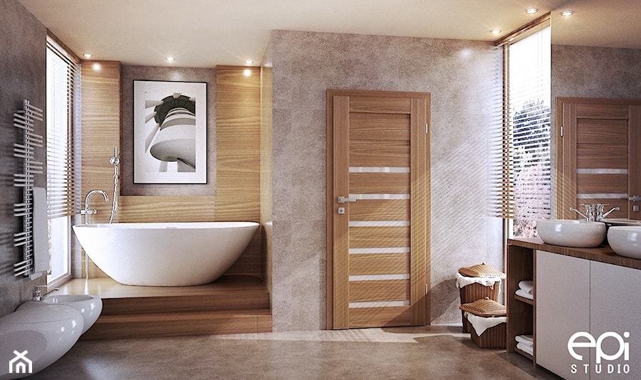 Różne wnętrza - Średnia na poddaszu z dwoma umywalkami z marmurową podłogą łazienka z oknem, styl nowoczesny - zdjęcie od EPI Studio