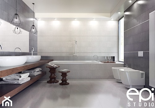 Różne wnętrza - Duża z dwoma umywalkami z punktowym oświetleniem łazienka z oknem, styl nowoczesny - zdjęcie od EPI Studio
