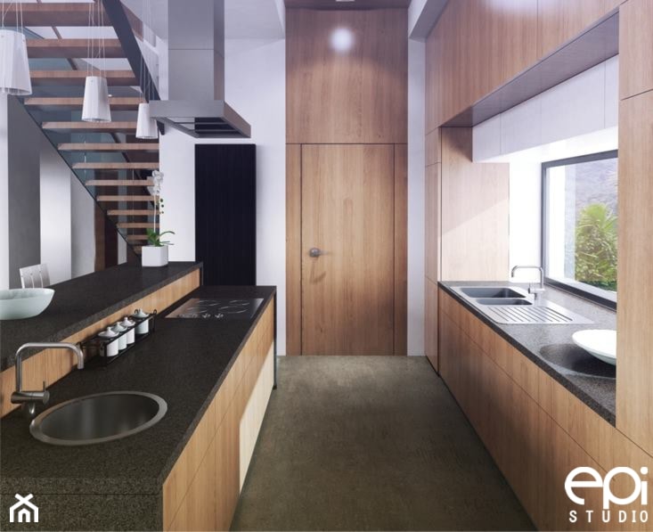 Dom jednorodzinny - Średnia otwarta z zabudowaną lodówką kuchnia dwurzędowa z wyspą lub półwyspem, styl nowoczesny - zdjęcie od EPI Studio