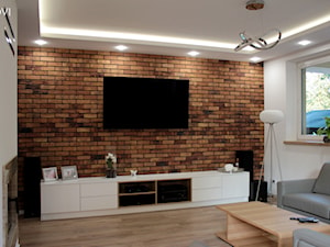 Salon z ceglaną ścianą - zdjęcie od NOVI projektowanie