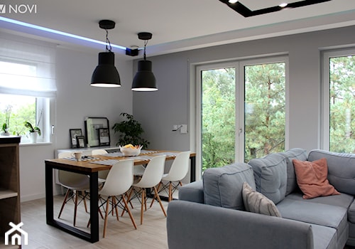 Dom jednorodzinny - Średnia biała szara jadalnia w salonie, styl industrialny - zdjęcie od NOVI projektowanie
