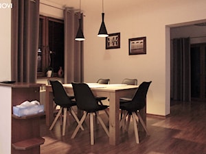 Klimatyczny salon z cegłą - Średnia beżowa jadalnia jako osobne pomieszczenie, styl nowoczesny - zdjęcie od NOVI projektowanie