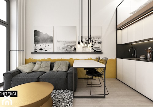 „MINImum powierzchni, MAXImum funkcjonalności” proj. WIKA ARCHITEKCI - Mały biały żółty salon z kuchnią z jadalnią, styl nowoczesny - zdjęcie od WIKA ARCHITEKCI