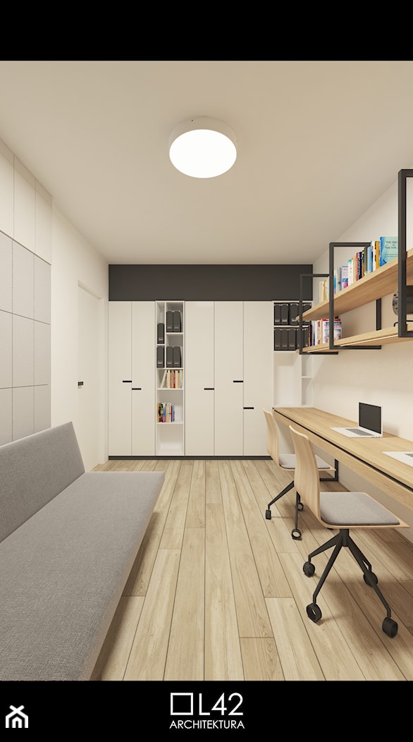 JAPANESE CUT | 2018 - Małe w osobnym pomieszczeniu z sofą z zabudowanym biurkiem białe czarne szare biuro, styl minimalistyczny - zdjęcie od L42 Architektura - Homebook