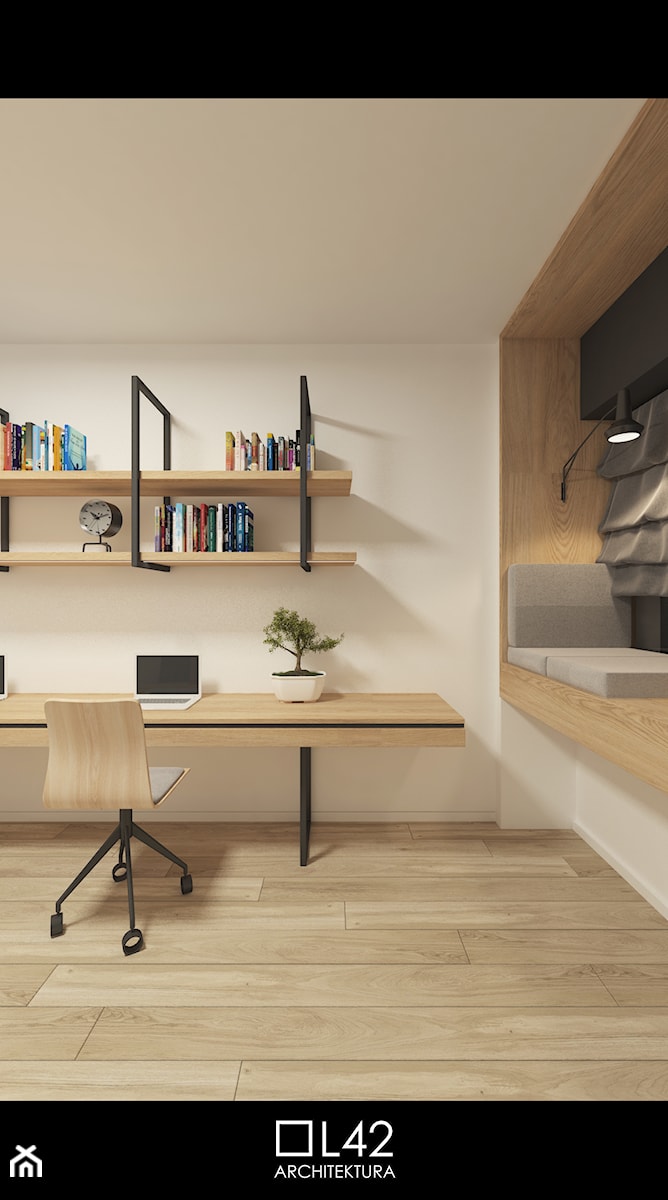 JAPANESE CUT | 2018 - Średnie w osobnym pomieszczeniu z zabudowanym biurkiem białe biuro, styl minimalistyczny - zdjęcie od L42 Architektura