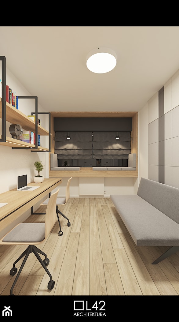 JAPANESE CUT | 2018 - Średnie w osobnym pomieszczeniu z sofą z zabudowanym biurkiem białe szare biuro, styl minimalistyczny - zdjęcie od L42 Architektura - Homebook