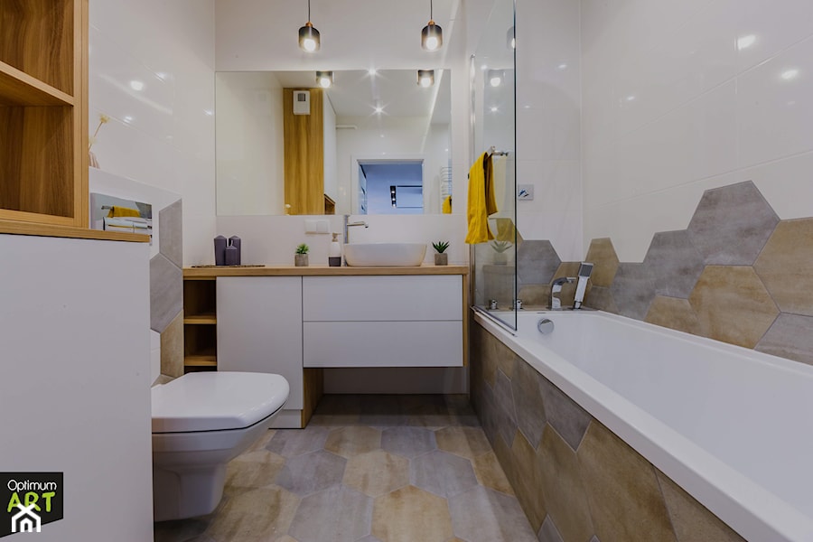 Mieszkanie pod wynajem - Średnia bez okna z lustrem z punktowym oświetleniem łazienka, styl skandynawski - zdjęcie od OptimumArt Pracownia Aranżacji Wnętrz