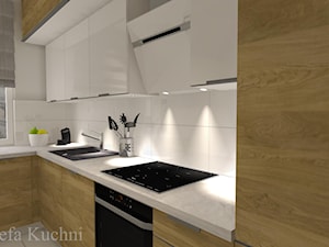 Biel i naturalne drewno - projekt dla kleinta - Średnia otwarta zamknięta biała z zabudowaną lodówką z nablatowym zlewozmywakiem kuchnia w kształcie litery l z oknem, styl nowoczesny - zdjęcie od AJ-Strefa Kuchni