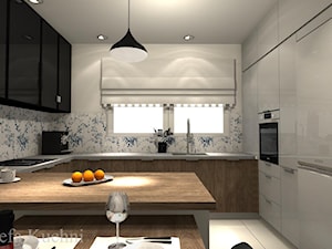 Kuchnia - projekt dla klienta - Duża otwarta biała z zabudowaną lodówką kuchnia w kształcie litery g z oknem, styl nowoczesny - zdjęcie od AJ-Strefa Kuchni