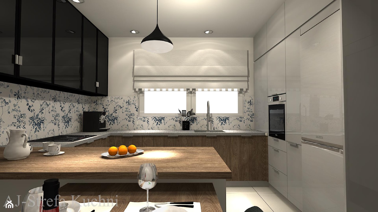 Kuchnia - projekt dla klienta - Duża otwarta biała z zabudowaną lodówką kuchnia w kształcie litery g z oknem, styl nowoczesny - zdjęcie od AJ-Strefa Kuchni - Homebook