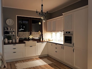 KUCHNIA ANGIELSKA - Średnia zamknięta szara z zabudowaną lodówką z nablatowym zlewozmywakiem kuchnia w kształcie litery l z oknem, styl skandynawski - zdjęcie od Projekt-Kuchnie