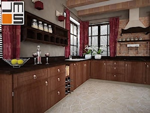 Projekt rustyklanej kuchni ze stylizowanymi meblami i cegłą na ścianie - zdjęcie od jms STUDIO s.c.
