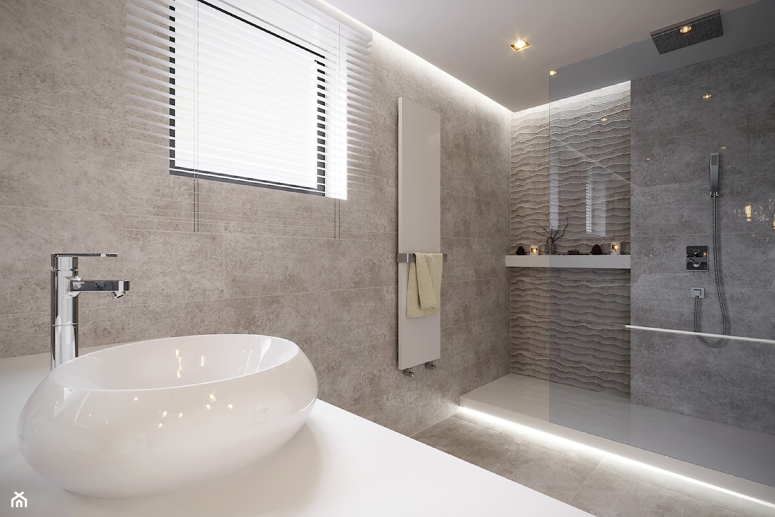 Łazienka w neutralnych kolorach - Średnia z punktowym oświetleniem łazienka z oknem, styl minimalistyczny - zdjęcie od SOFISTO Pracownia Projektowa - Homebook