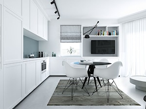 Artystyczny Żoliboż - Mała z salonem biała zielona z zabudowaną lodówką kuchnia jednorzędowa z kompozytem na ścianie nad blatem kuchennym, styl tradycyjny - zdjęcie od Optim Group Architecture & Design