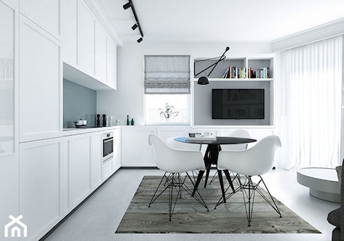 Artystyczny Żoliboż - Mała z salonem biała zielona z zabudowaną lodówką kuchnia jednorzędowa z kompozytem na ścianie nad blatem kuchennym, styl tradycyjny - zdjęcie od Optim Group Architecture & Design