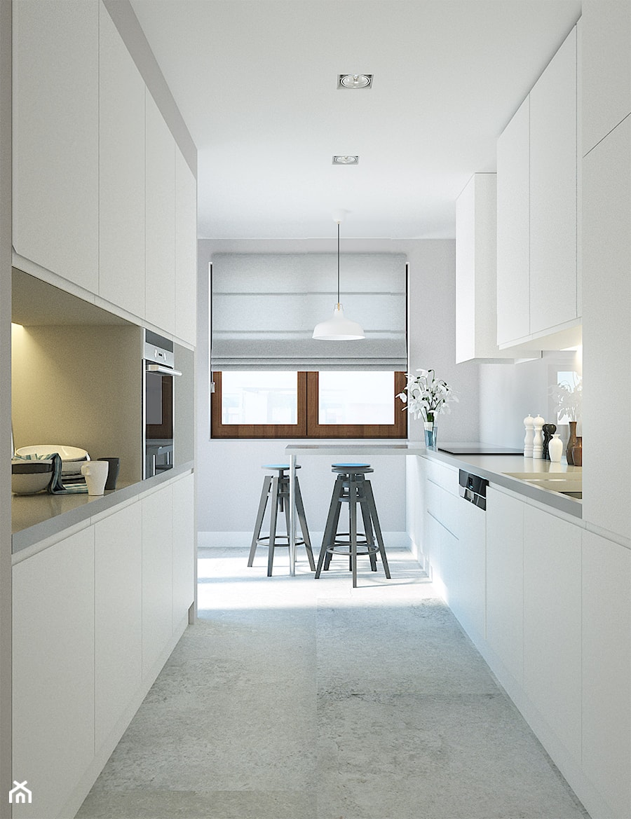 Duża otwarta biała z zabudowaną lodówką kuchnia w kształcie litery u - zdjęcie od Optim Group Architecture & Design