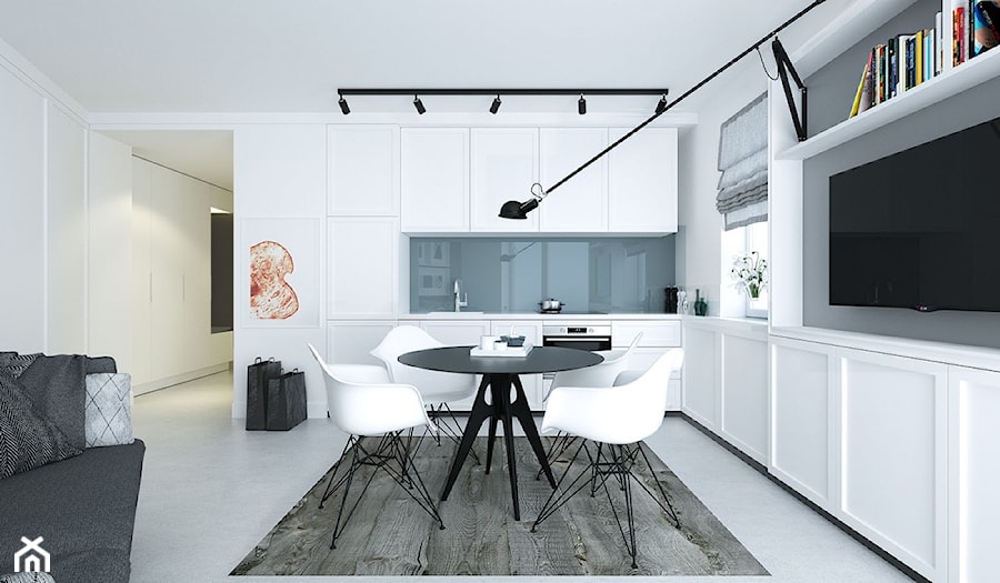 Artystyczny Żoliboż - Średni biały szary salon z kuchnią z jadalnią z bibiloteczką, styl tradycyjny - zdjęcie od Optim Group Architecture & Design