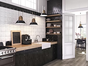 Armonia - Duża z salonem biała czarna z nablatowym zlewozmywakiem kuchnia jednorzędowa, styl industrialny - zdjęcie od Ceramstic