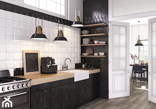 Armonia - Duża z salonem biała czarna z nablatowym zlewozmywakiem kuchnia jednorzędowa, styl industrialny - zdjęcie od Ceramstic
