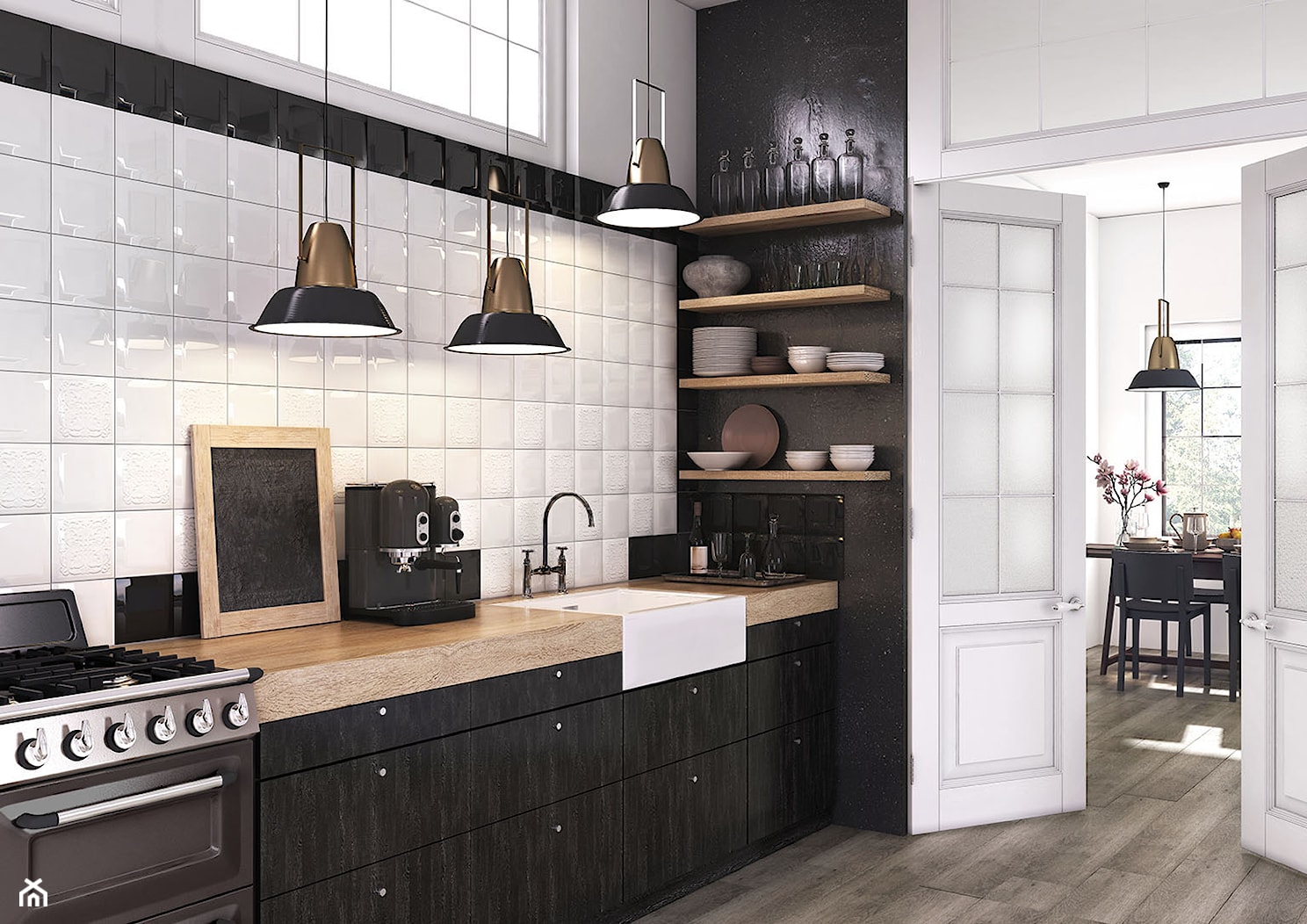 Armonia - Duża z salonem biała czarna z nablatowym zlewozmywakiem kuchnia jednorzędowa, styl industrialny - zdjęcie od Ceramstic - Homebook