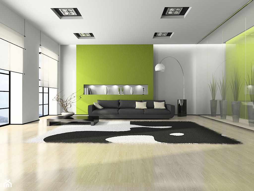 nowoczesny salon z dekoracyjnym zielonym tynkiem