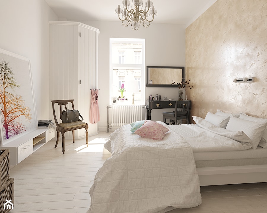 Farba o efekcie rosy - Średnia beżowa biała sypialnia, styl prowansalski - zdjęcie od Francesco GUARDI Collezione