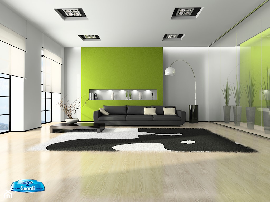 nowoczesny salon z zieloną ścianą i grafitową sofą