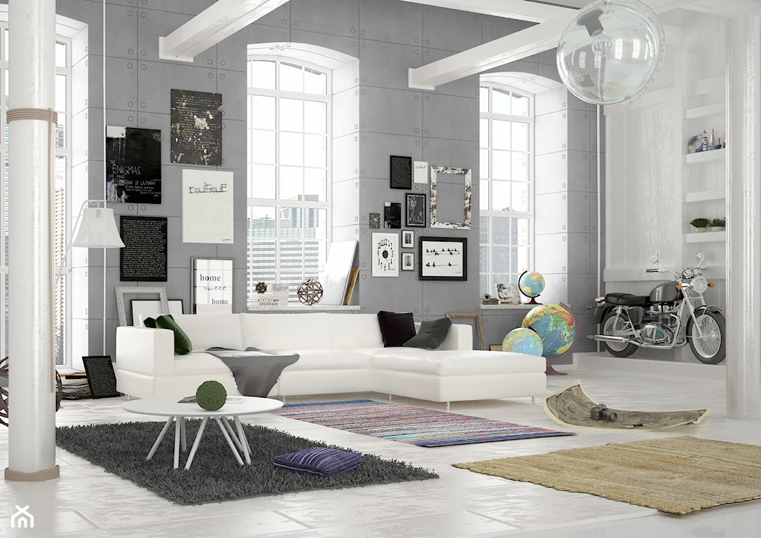 nowoczesny salon z białymi meblami i betonem na ścianie