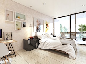 Farba o efekcie aksamitu - Duża beżowa biała z biurkiem sypialnia z balkonem / tarasem, styl skandynawski - zdjęcie od Francesco GUARDI Collezione