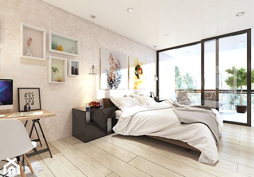 Farba o efekcie aksamitu - Duża beżowa biała z biurkiem sypialnia z balkonem / tarasem, styl skandynawski - zdjęcie od Francesco GUARDI Collezione
