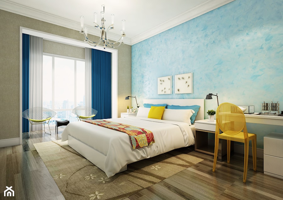 Farba o efekcie aksamitu - Duża beżowa niebieska sypialnia, styl nowoczesny - zdjęcie od Francesco GUARDI Collezione
