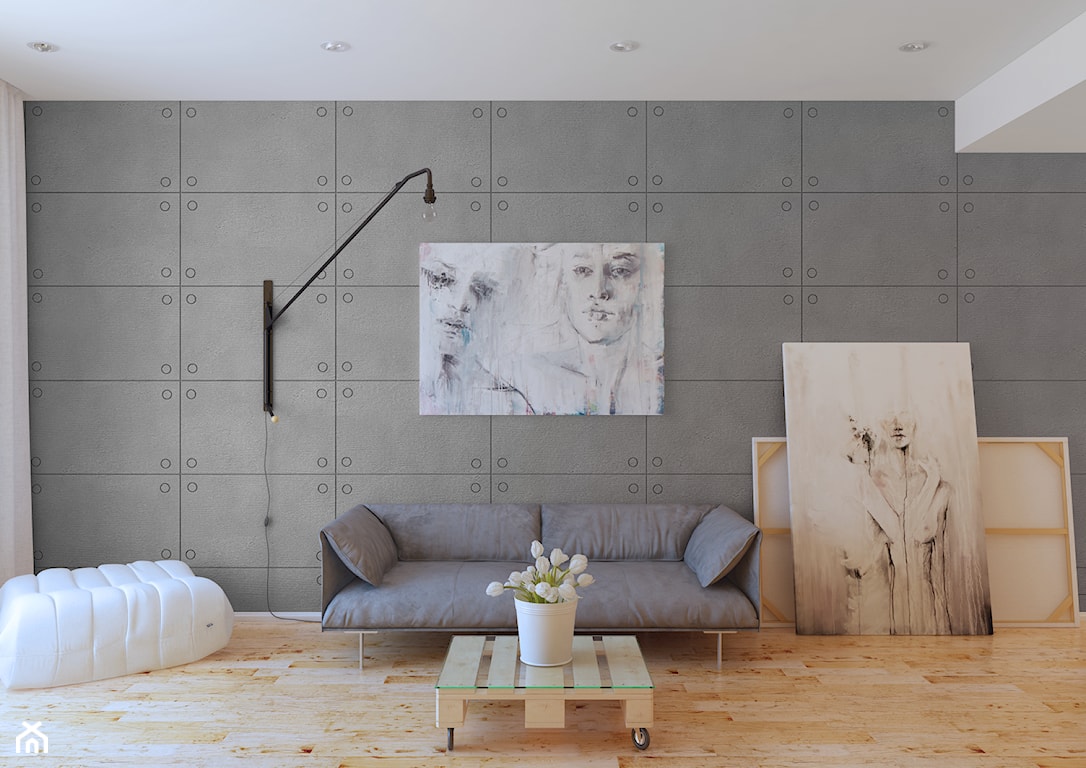 minimalistyczny salon z betonem na ścianie 