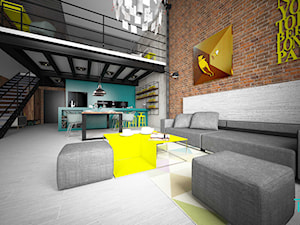 Mieszkanie dwupoziomowe LOFT INDUSTRIAL - Duży biały niebieski salon z kuchnią z jadalnią, styl industrialny - zdjęcie od TEMA Architekci