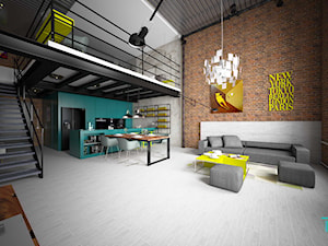 Mieszkanie dwupoziomowe LOFT INDUSTRIAL - Duży szary salon z kuchnią z jadalnią, styl industrialny - zdjęcie od TEMA Architekci