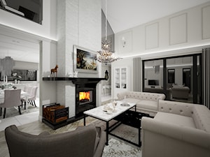 Classic beauty - Średni beżowy biały szary salon z jadalnią z tarasem / balkonem, styl tradycyjny - zdjęcie od TEMA Architekci